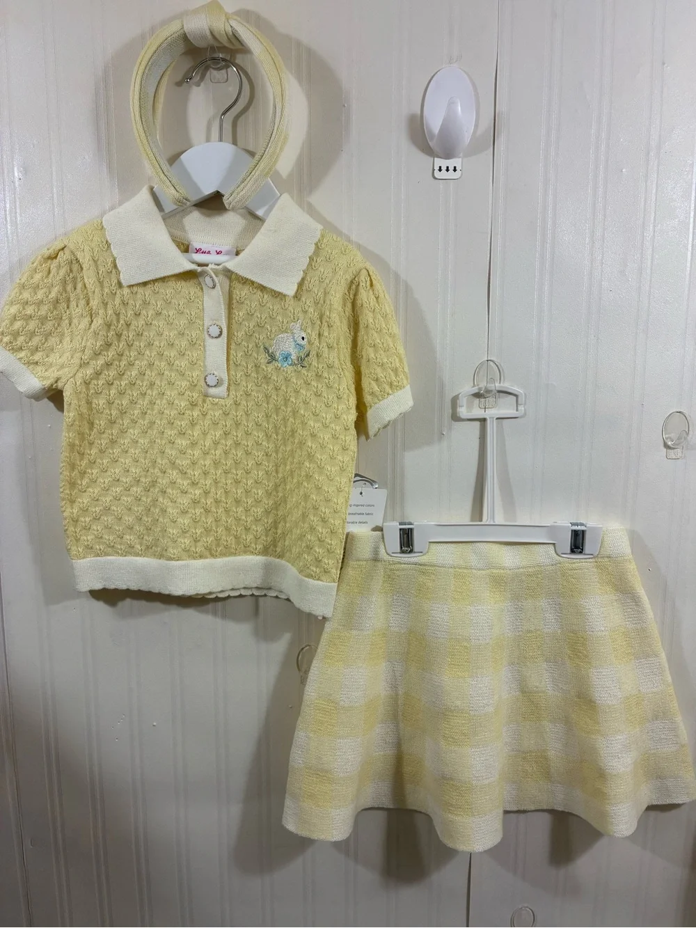 Little Lass Yellow and White Knit Polo Top with Matching Check Skirt